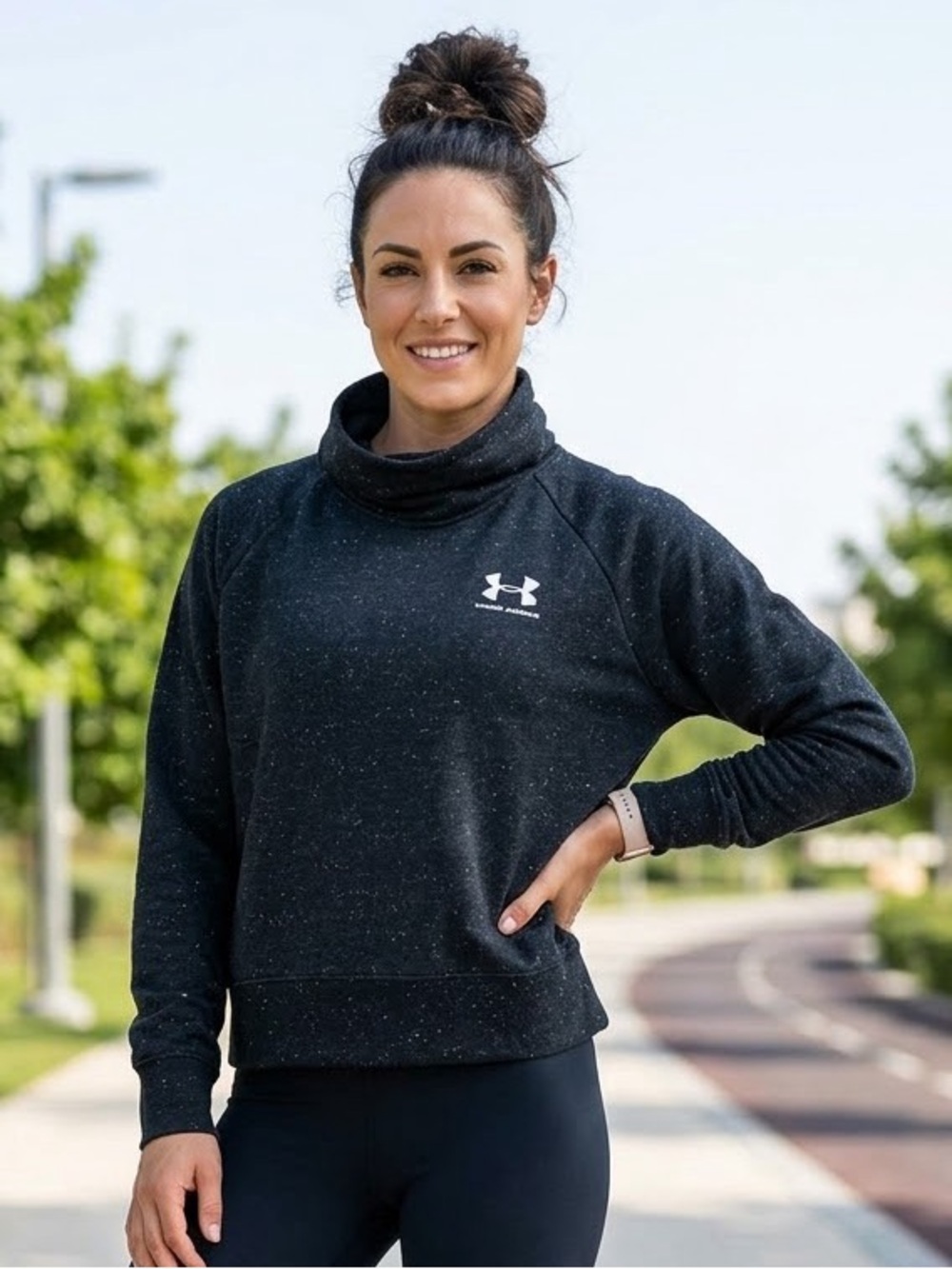 Black speckled Under Armour Women's Rival Fleece Wrap Neck Pullover, Medium